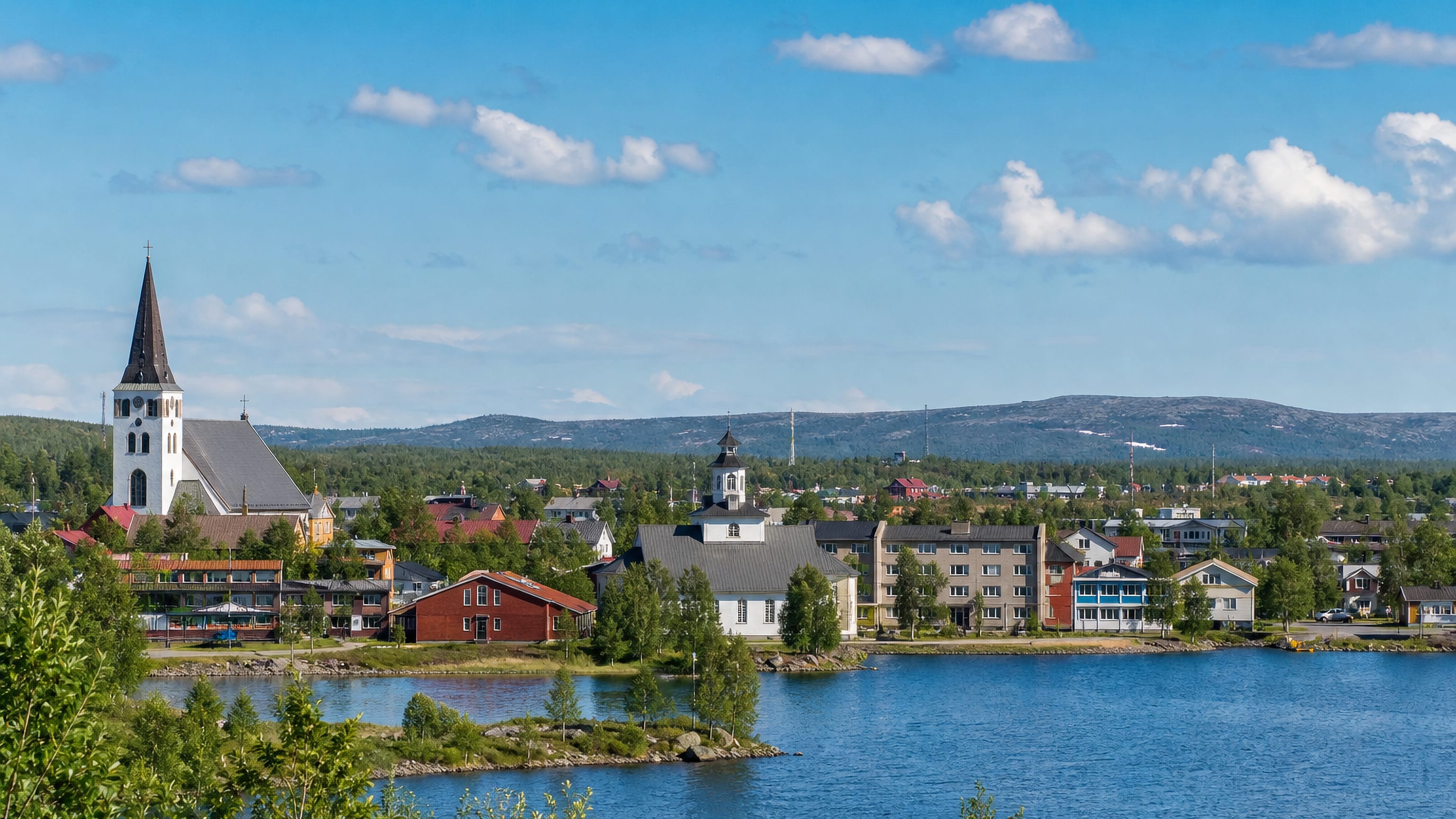 Arjeplog's white church spire rising above lakeside buildings on the shore of Hornavan in Swedish Lapland.