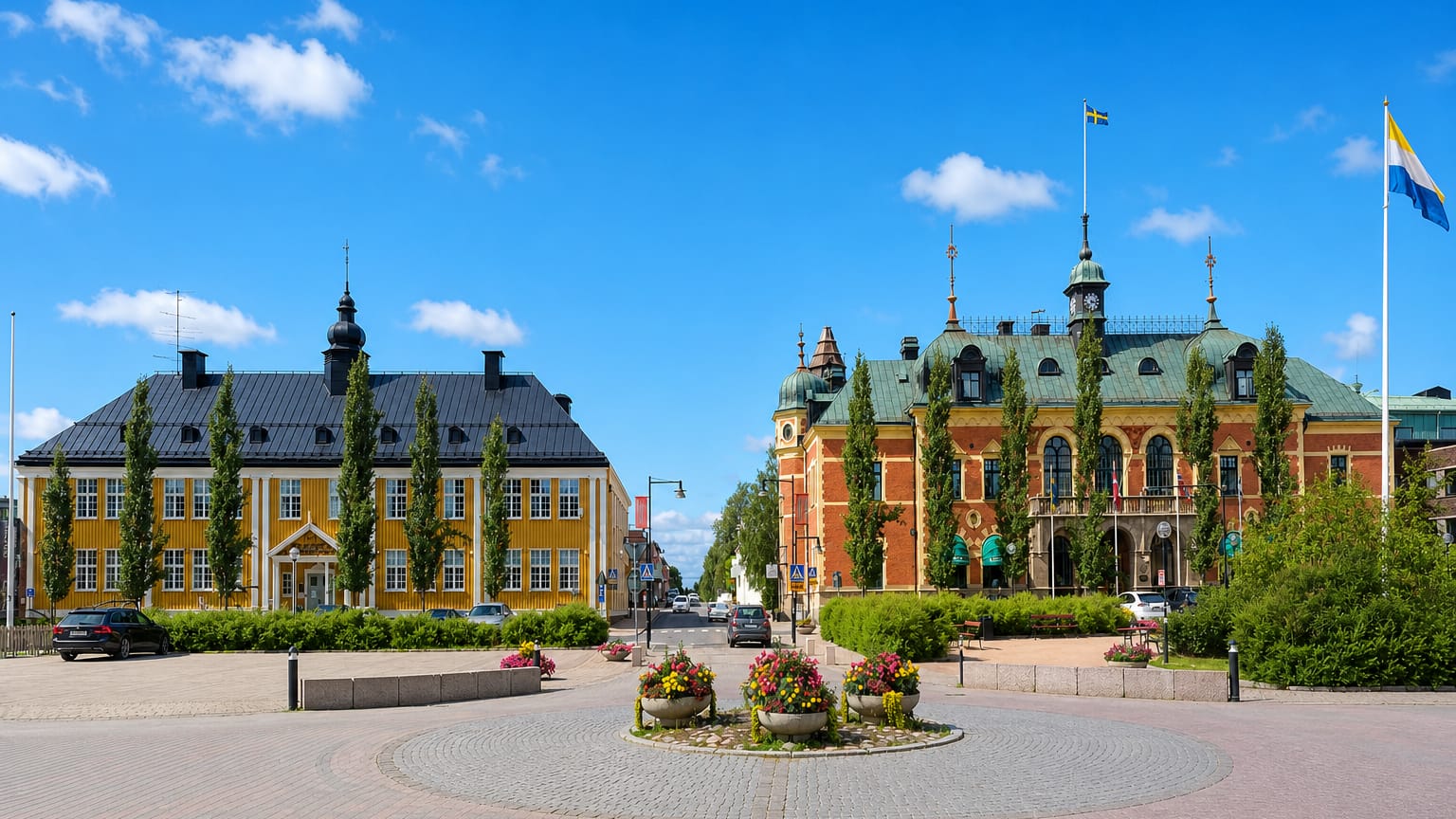 Haparanda town square, Sweden, with its ornate red-brick town hall, copper roof and clock tower beside a yellow building
