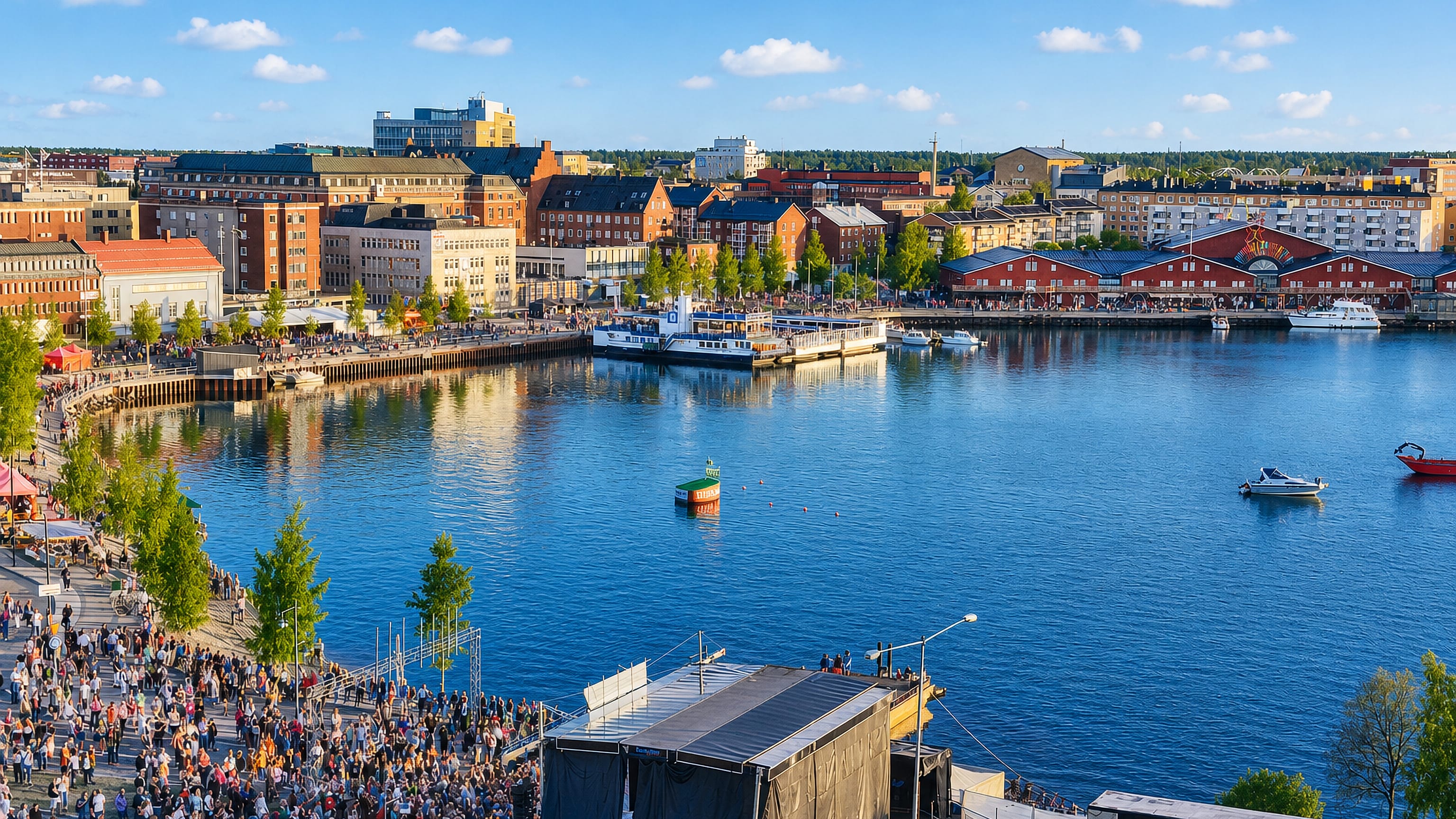 Summer waterfront in Lulea, Sweden, with harbour buildings, boats and a crowd gathered by an event stage