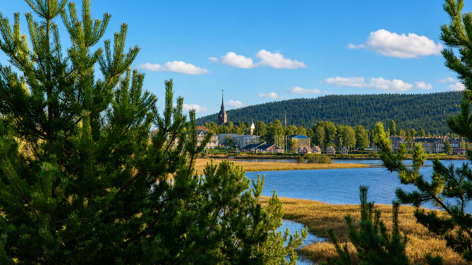 Överkalix, Sweden, a northern town with a church spire across a river and reed beds, framed by pine forest.