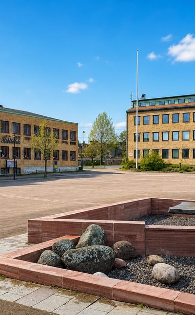 Degerfors town square with the Folkets Hus building, yellow-brick offices and a bronze sculpture