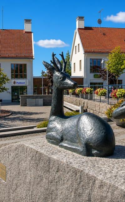 Bronze deer and figure sculptures on a stone plinth in a flower-lined town square in Fjugesta, Sweden, with the police station behind.
