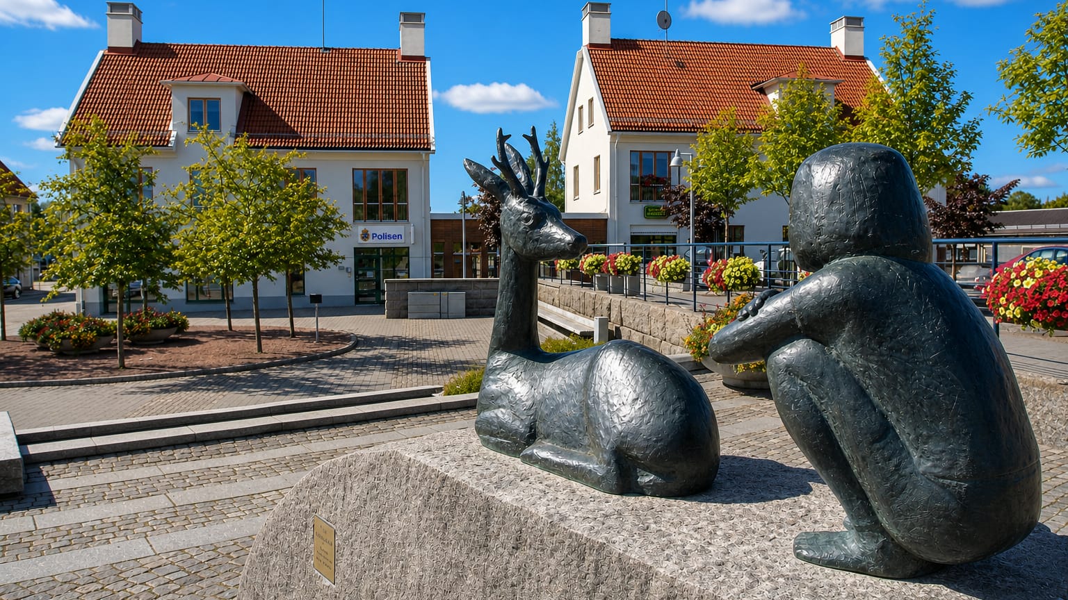 Bronze deer and figure sculptures on a stone plinth in a flower-lined town square in Fjugesta, Sweden, with the police station behind.
