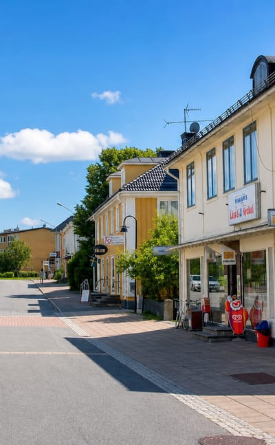 Quiet main street with yellow buildings and shopfronts in Hallefors, Sweden