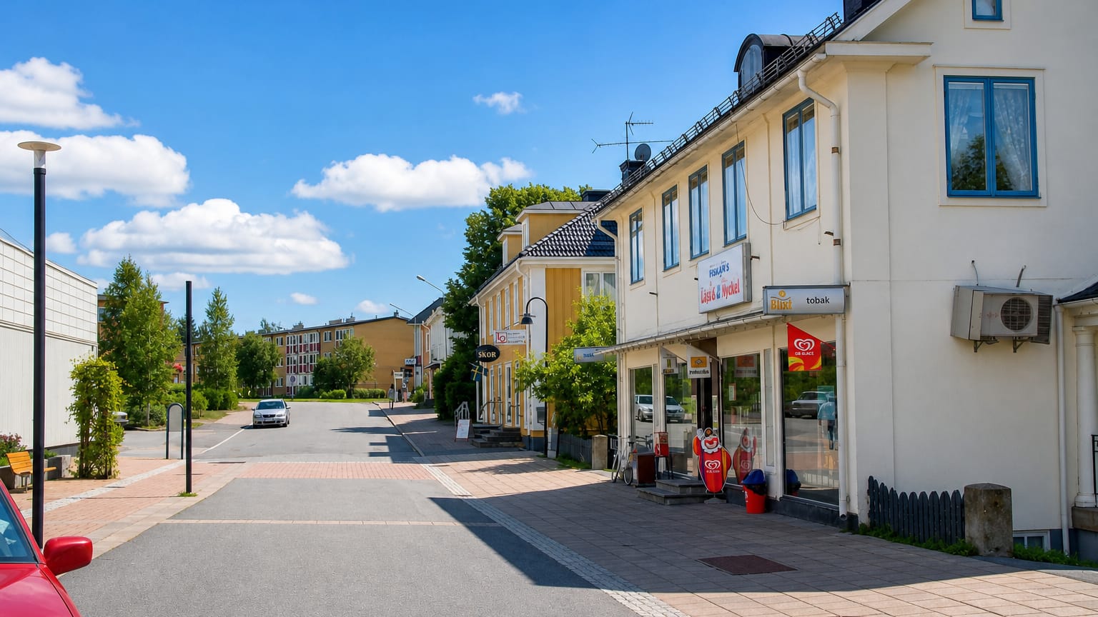 Quiet main street with yellow buildings and shopfronts in Hallefors, Sweden