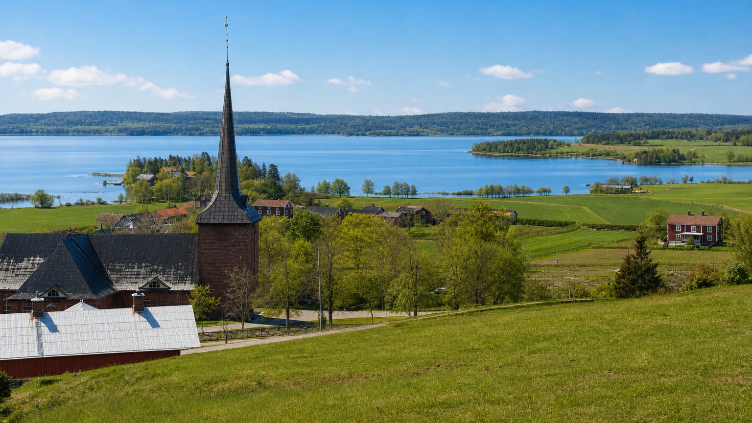 A church with a tall dark spire and red farm buildings on green meadows above a wide lake near Karlskoga, Sweden.