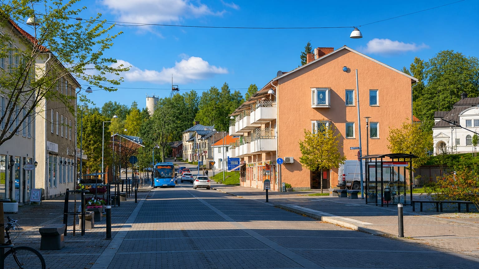 Central street in the mining town of Kopparberg with a mine headframe on the hillside beyond