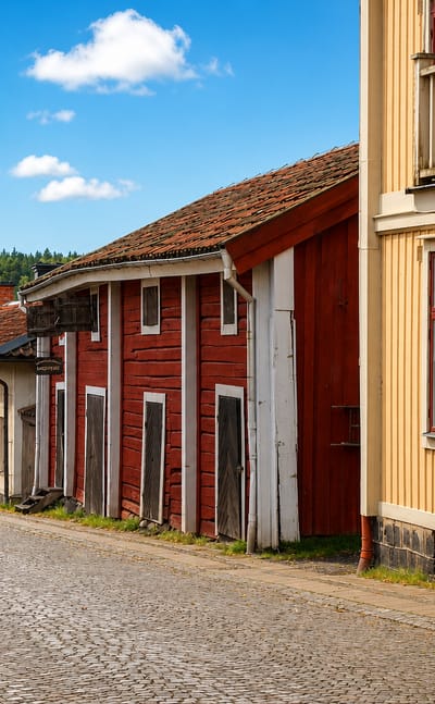 Cobbled lakeside street lined with old wooden houses leading down to the water in Nora, Sweden.