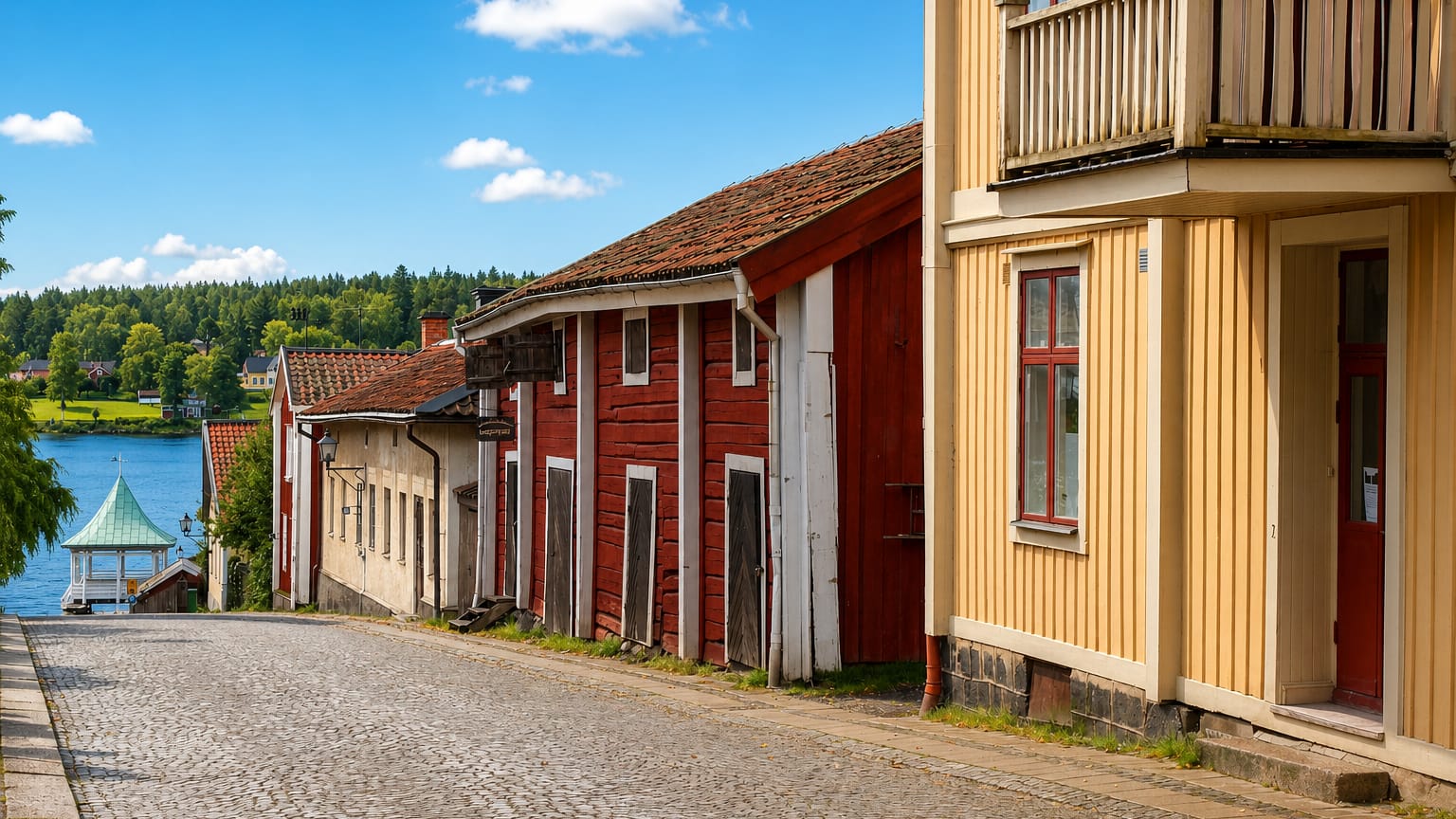 Cobbled lakeside street lined with old wooden houses leading down to the water in Nora, Sweden.