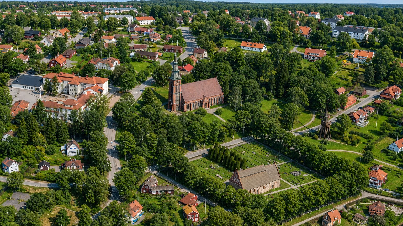 Aerial view of Åtvidaberg, Sweden, with a red-brick church, red-roofed houses and surrounding greenery on a sunny day