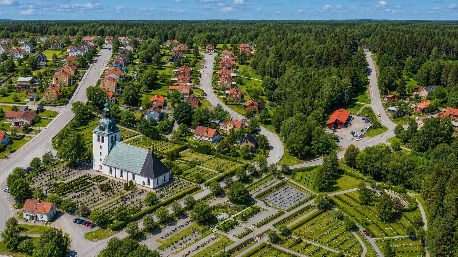 Aerial view of Kisa, Sweden, its white spired church and red-roofed houses beside a large cemetery ringed by forest.