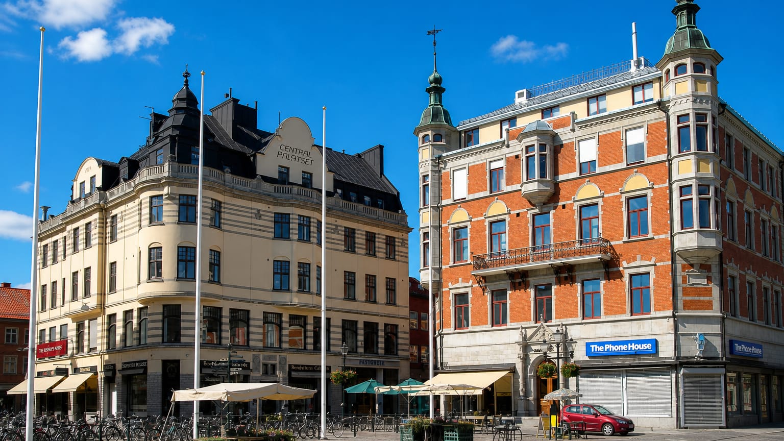 The historic Centralpalatset building on a paved square with cafe awnings and bicycles in central Linkoping