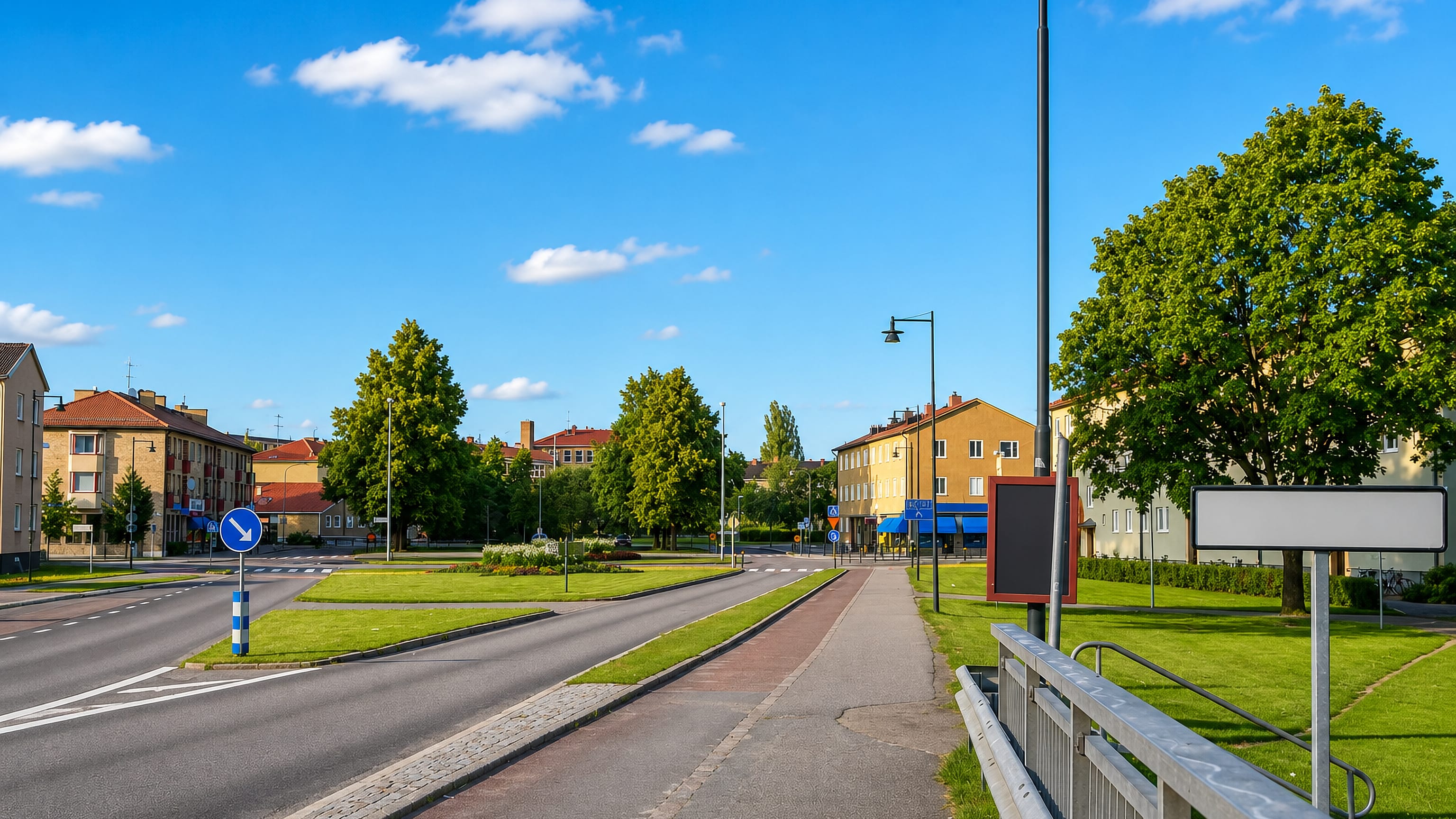 Yellow apartment blocks, cycle path and green verges along a main road in Tannefors, Linkoping.