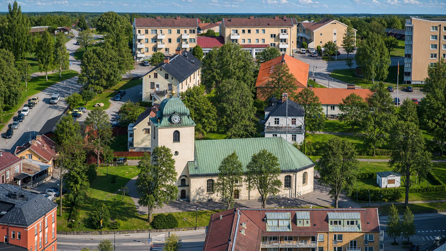 Aerial view of central Mjolby, Sweden, with the copper-roofed church and apartment blocks amid green parkland