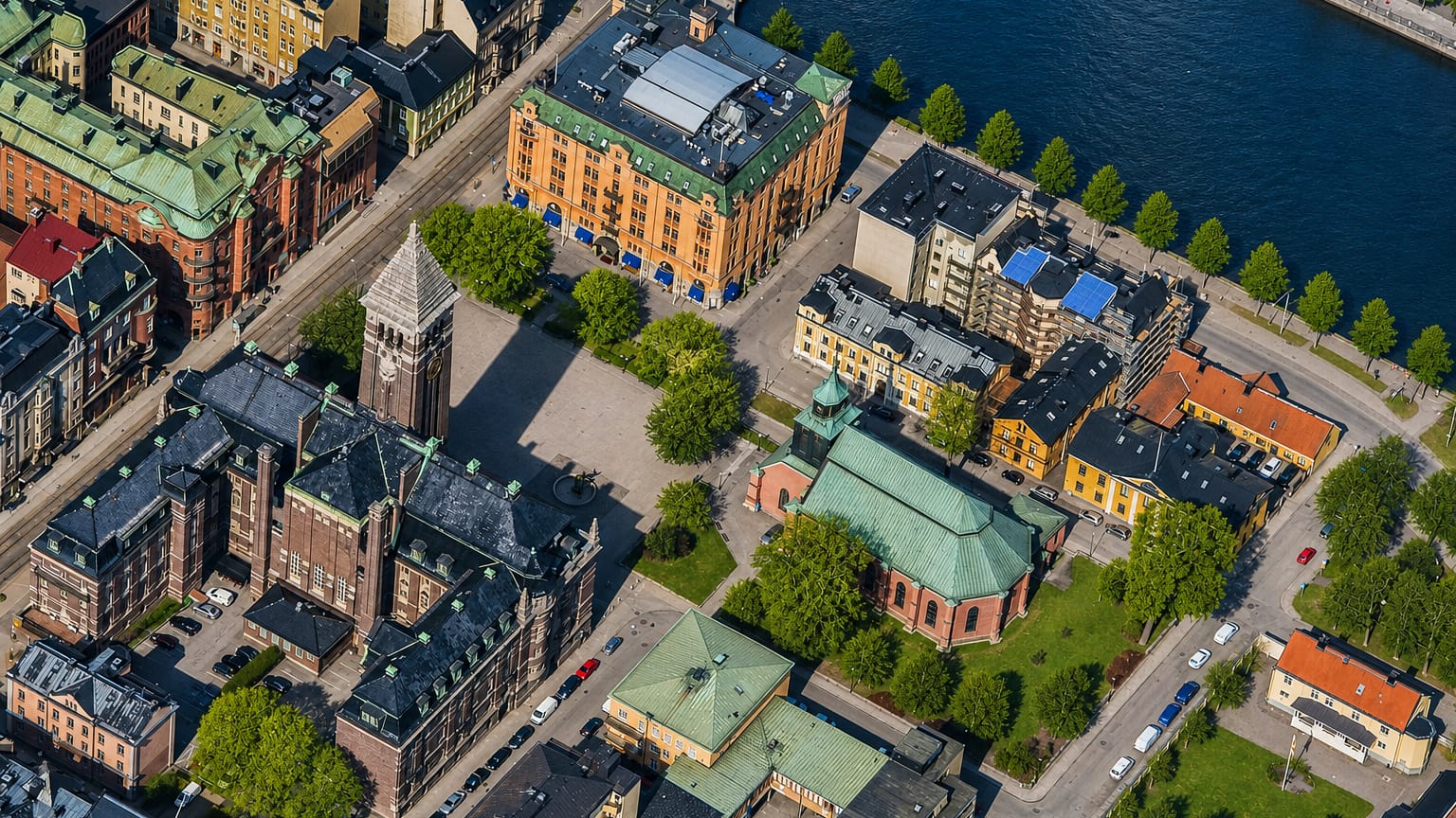 Aerial view over central Norrkoping, Sweden, showing riverside blocks with a church tower and domed church