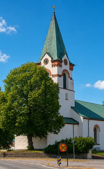 Odeshog's white church with a green copper spire and clock faces beside a leafy street in summer.