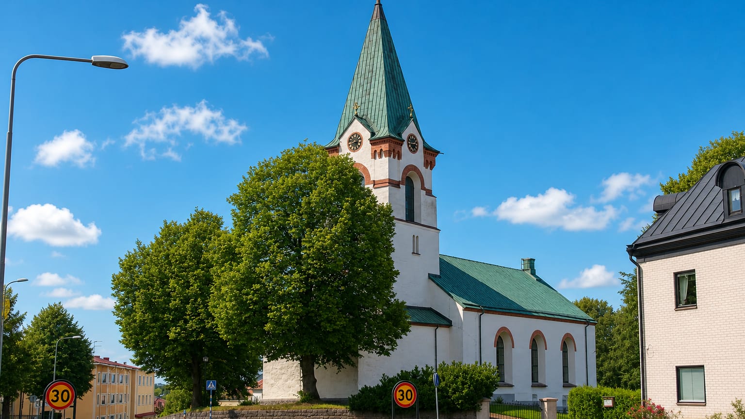 Odeshog's white church with a green copper spire and clock faces beside a leafy street in summer.