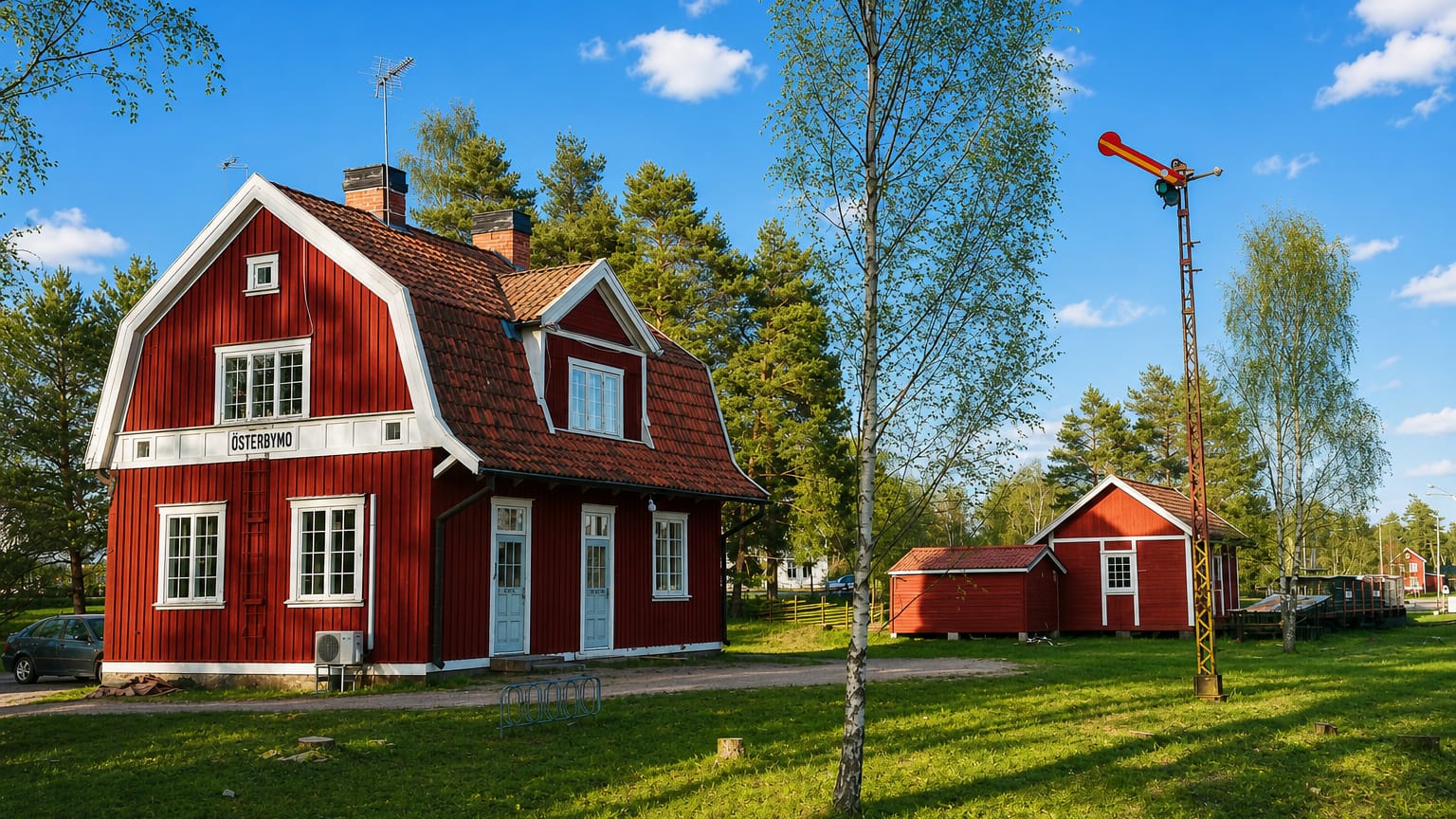 Österbymo's red wooden railway station, labelled Österbymo, with a semaphore signal and birch trees on grass.