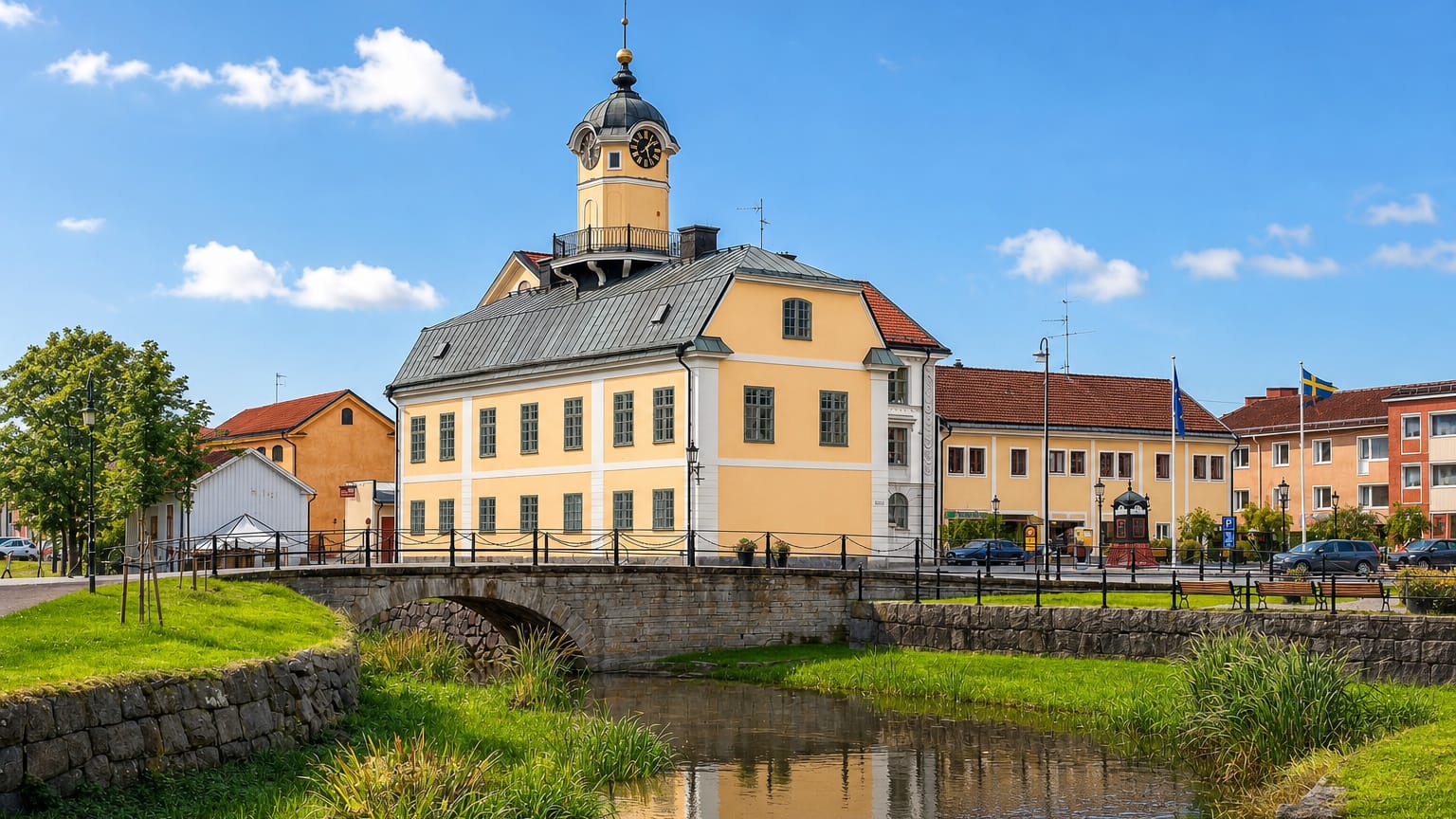 Söderköping's yellow town hall and clock-tower cupola beside the canal and old stone bridge under a summer sky.
