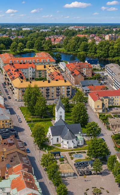 Aerial view of Angelholm with its white church, red-roofed blocks and the Ronne river looping through town