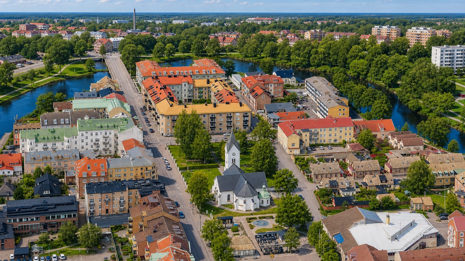 Aerial view of Angelholm with its white church, red-roofed blocks and the Ronne river looping through town