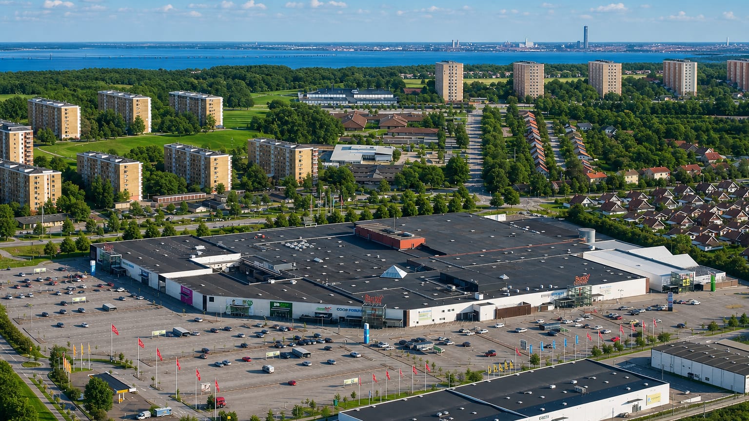 Aerial view of Arlov, Sweden, with a large shopping centre, car parks and apartment blocks, and Malmo across the Oresund beyond.