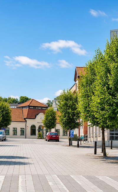 Tree-lined pedestrian street and paved square in the centre of Åstorp, Skåne, Sweden.