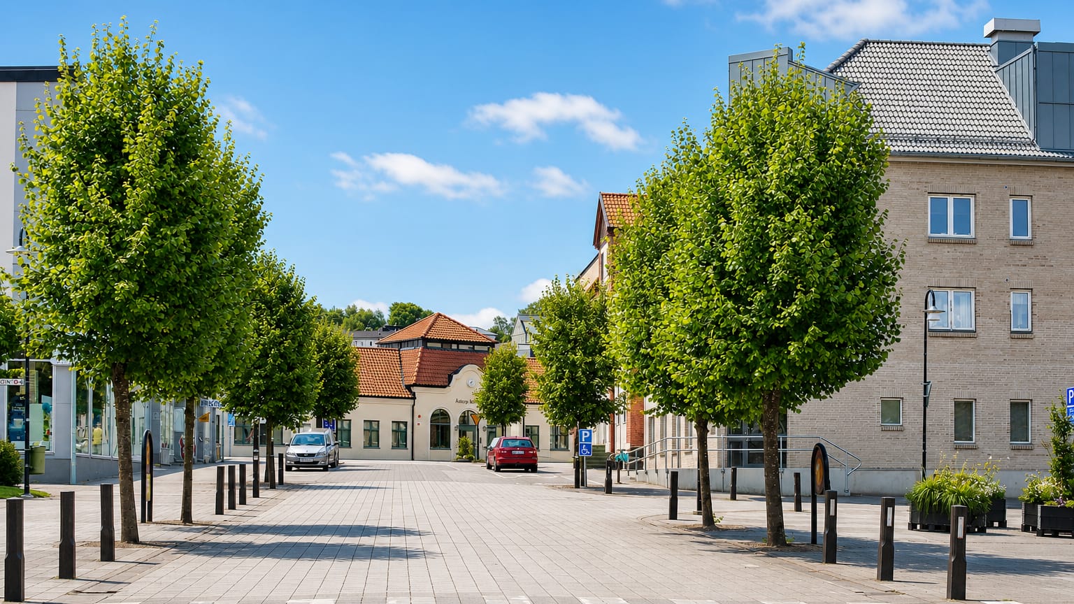 Tree-lined pedestrian street and paved square in the centre of Åstorp, Skåne, Sweden.