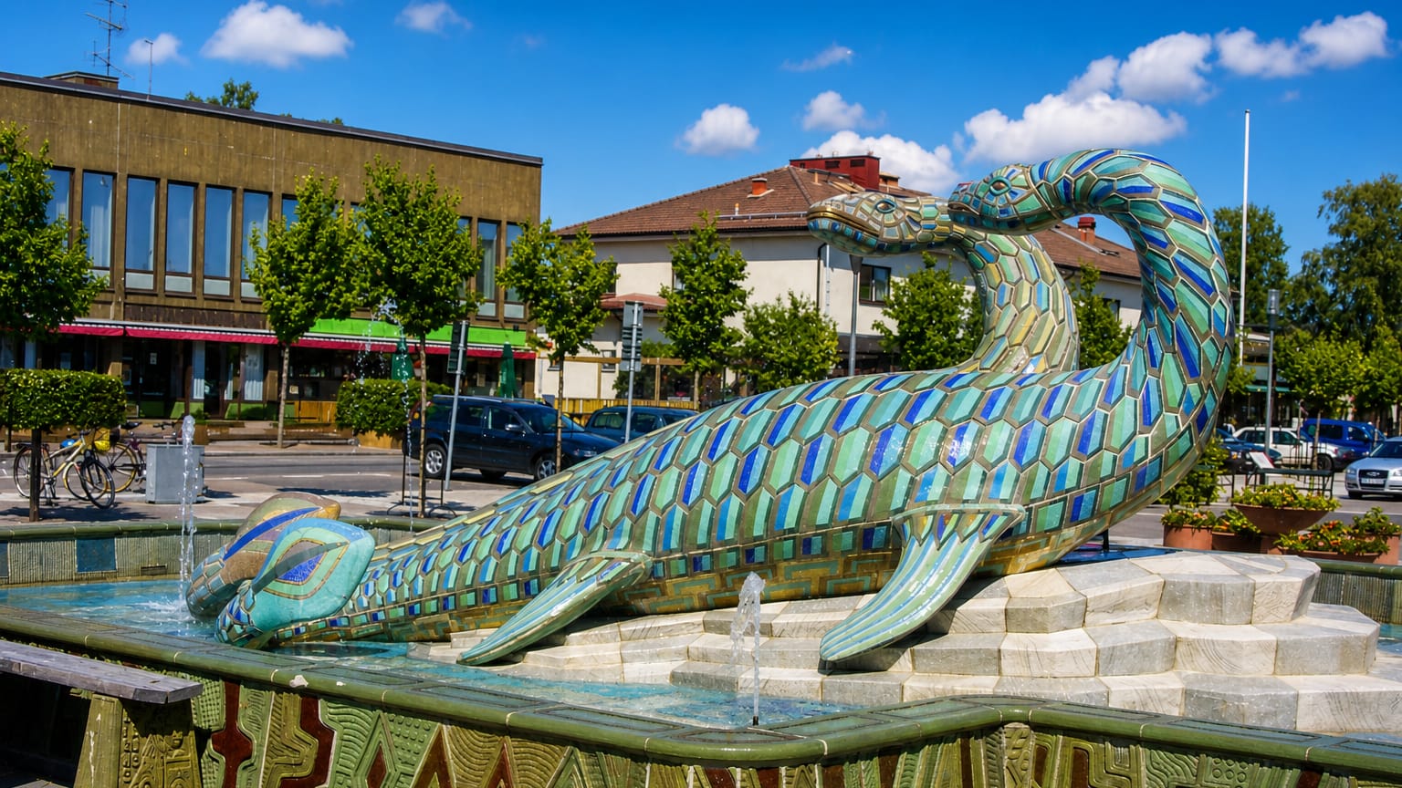 The tiled ceramic fish fountain sculpture on a square in Bromolla with town buildings behind