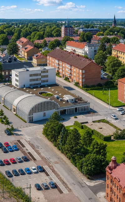 Aerial view of Eslöv, Sweden, showing its functionalist civic hall, railway yard and red-brick apartment blocks.