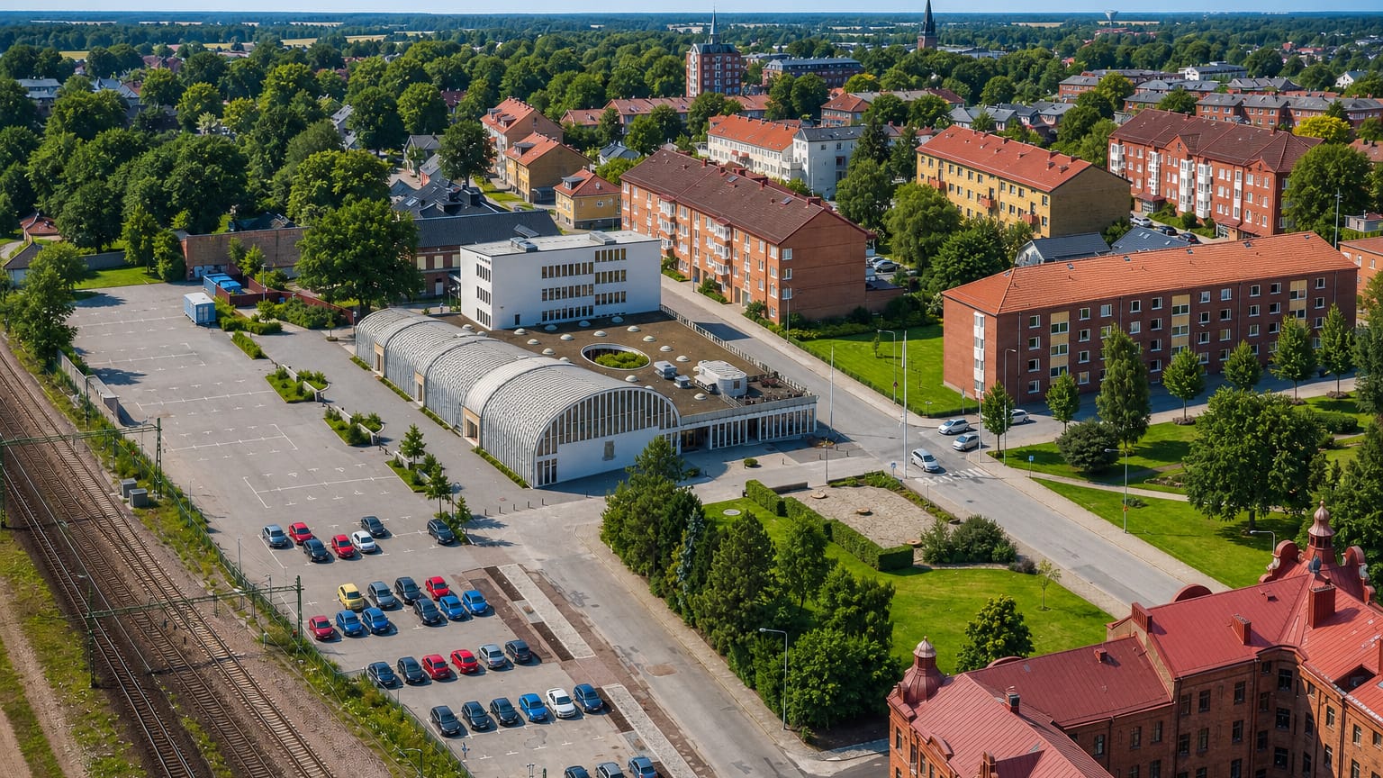 Aerial view of Eslöv, Sweden, showing its functionalist civic hall, railway yard and red-brick apartment blocks.