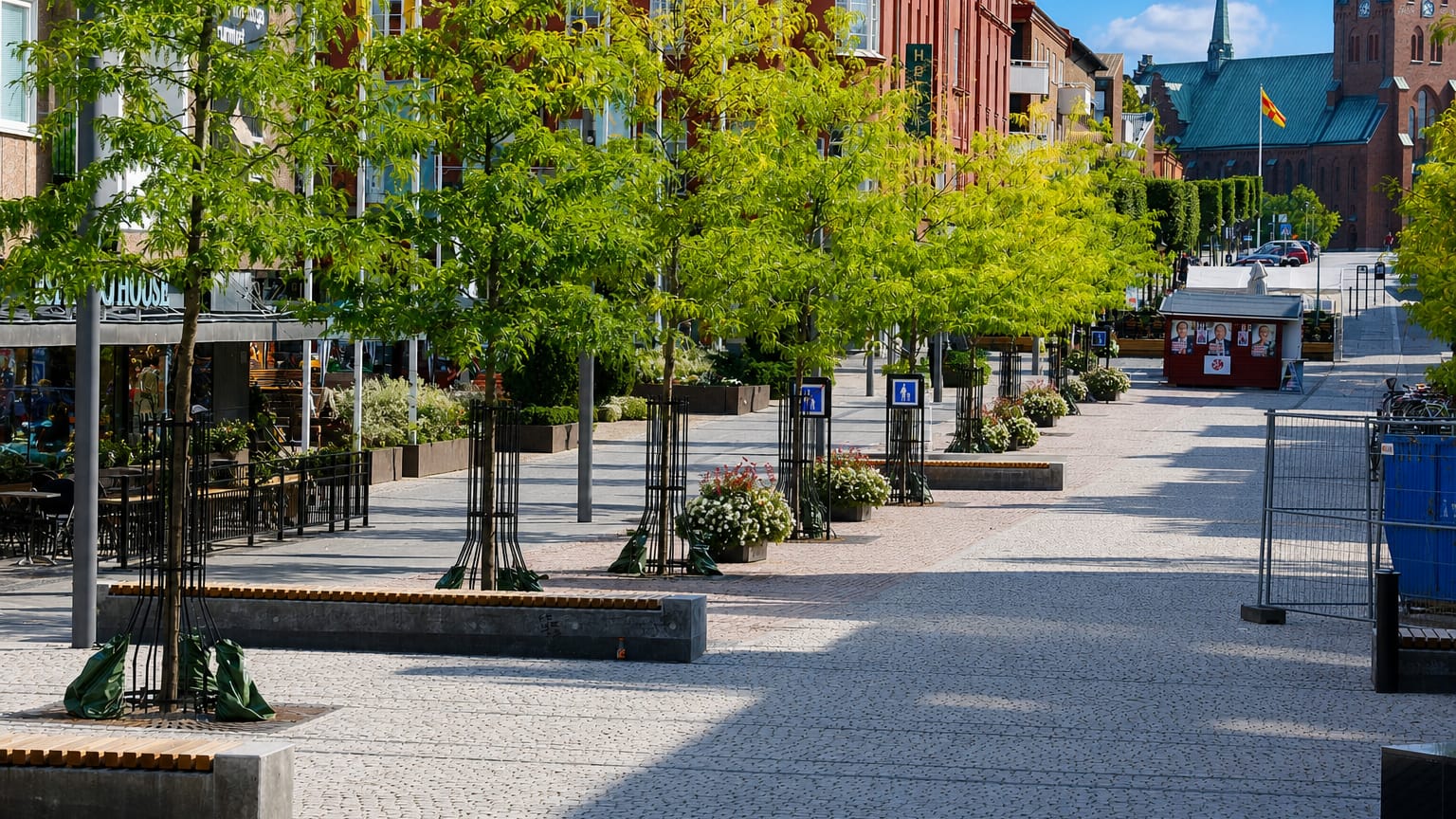Tree-lined pedestrian square with red-brick buildings and a church spire in Hassleholm, Sweden.