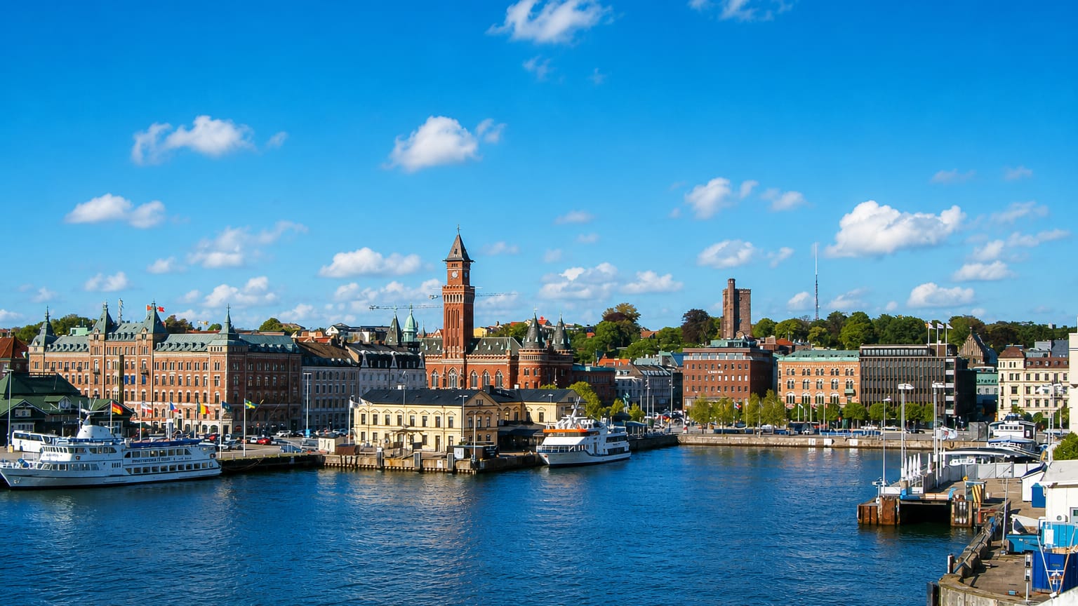 Helsingborg, Sweden, waterfront with the red-brick town hall clock tower and harbour boats under a blue sky
