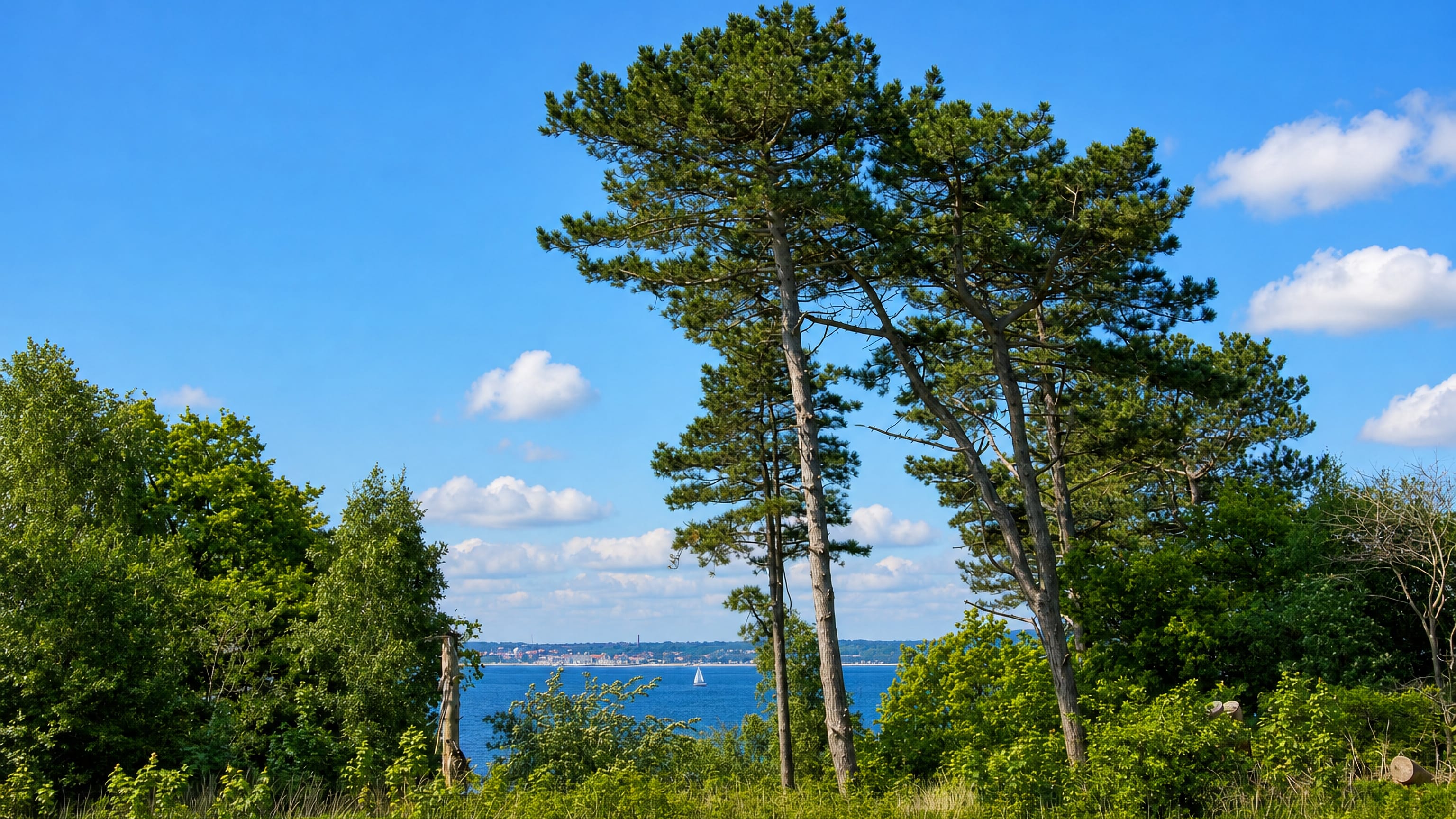 Pines above a grassy shore in Pålsjö, Helsingborg, looking out across the Öresund to the far coast