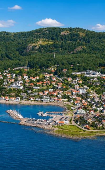 Aerial view of a coastal town and small harbour on a wooded hillside at Höganäs, Sweden