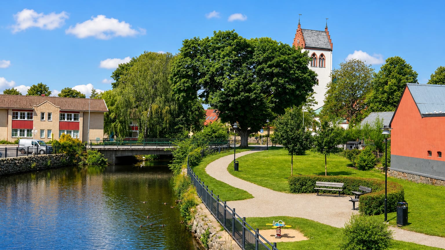 Whitewashed Hörby church tower above a riverside park with footpaths, lawns and apartment buildings, Sweden.
