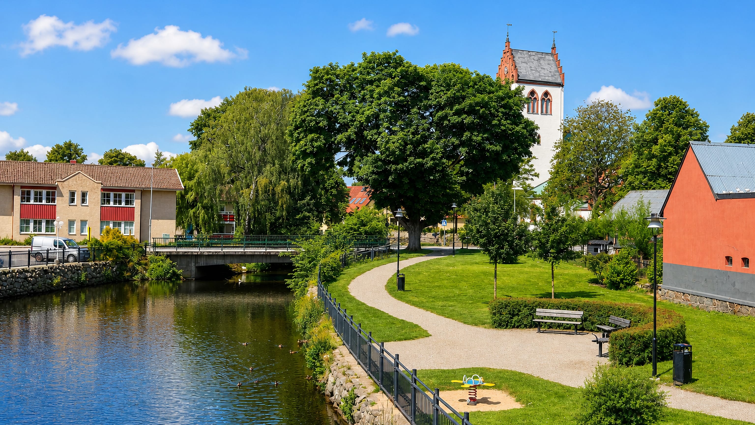 Whitewashed Hörby church tower above a riverside park with footpaths, lawns and apartment buildings, Sweden.