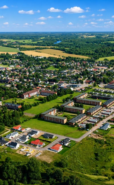 Aerial view of the town of Klippan, Sweden, among fields, apartment blocks and houses
