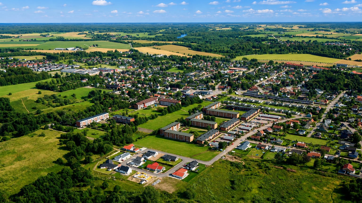 Aerial view of the town of Klippan, Sweden, among fields, apartment blocks and houses