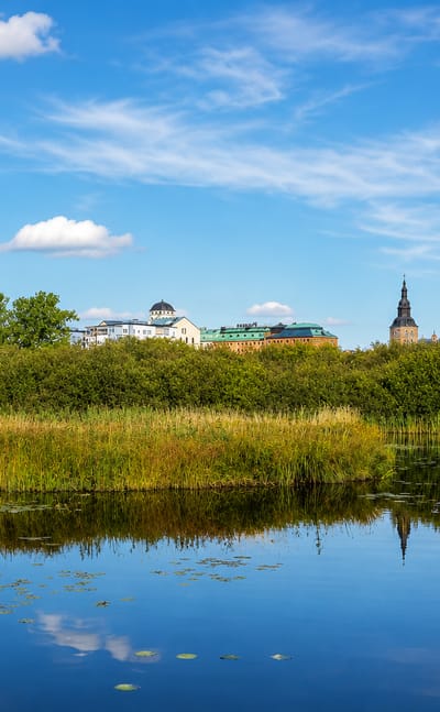 Kristianstad's skyline across the Helgean wetlands, its church tower rising above trees under a blue summer sky