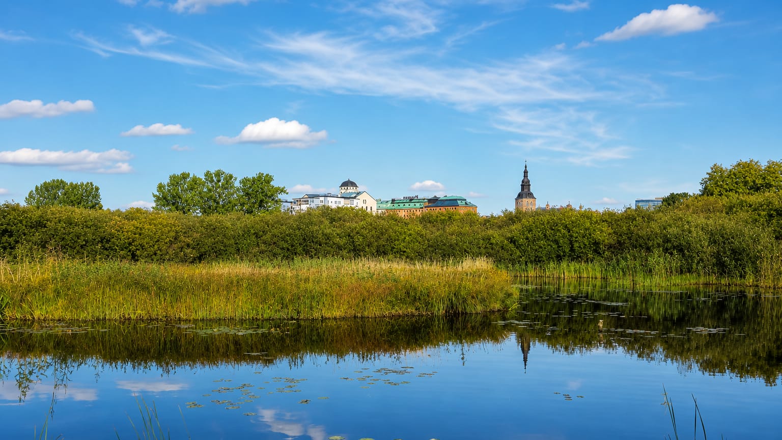 Kristianstad's skyline across the Helgean wetlands, its church tower rising above trees under a blue summer sky