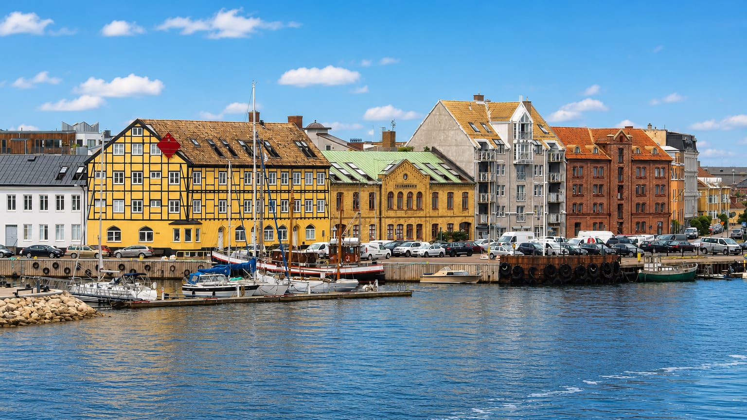 Harbour front of Landskrona, Sweden, with a yellow half-timbered warehouse, historic buildings and moored sailboats.