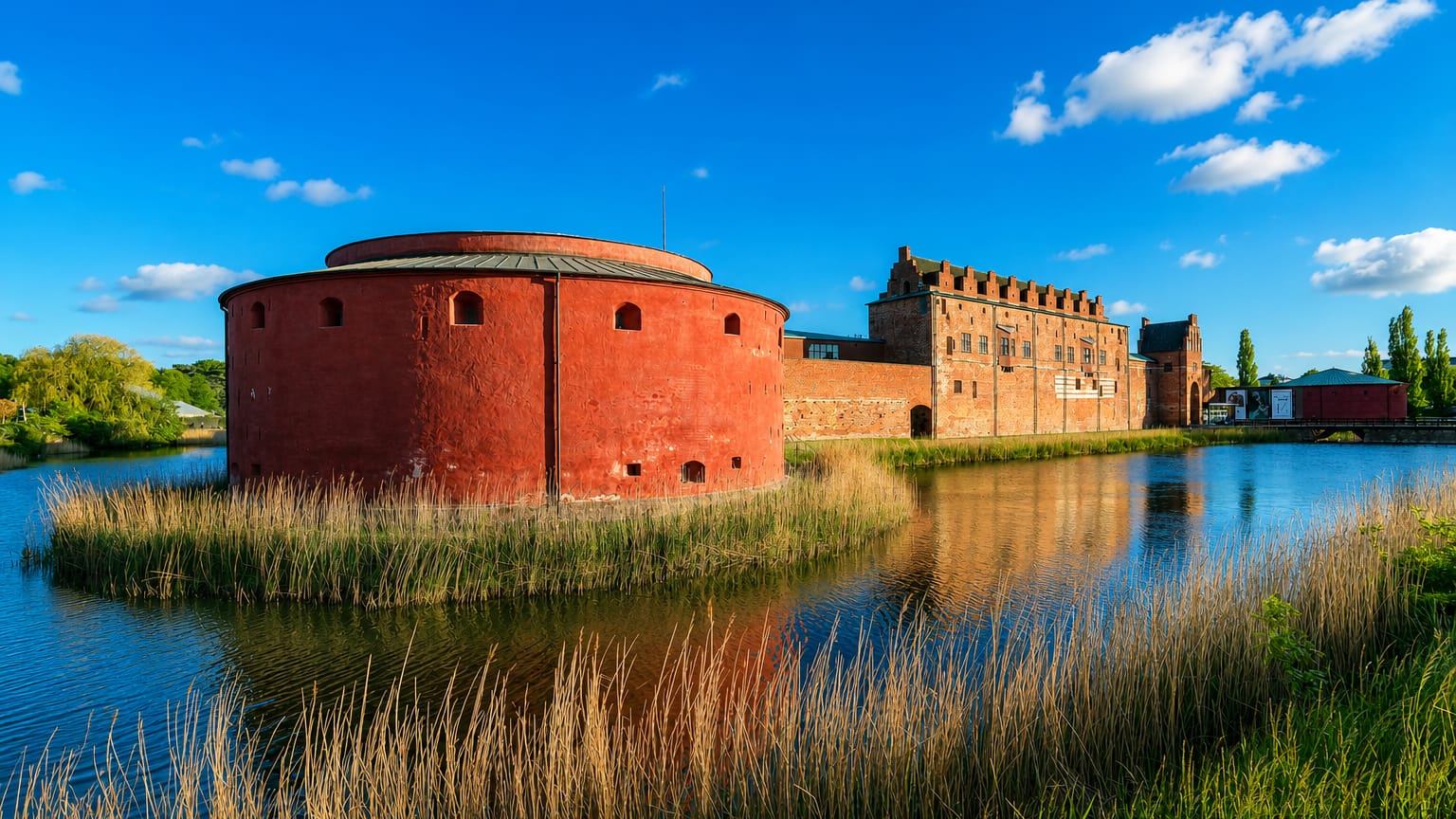 Malmöhus Castle's round red-brick gun tower reflected in its moat under a bright blue sky in Gamla Staden, Malmö, Sweden