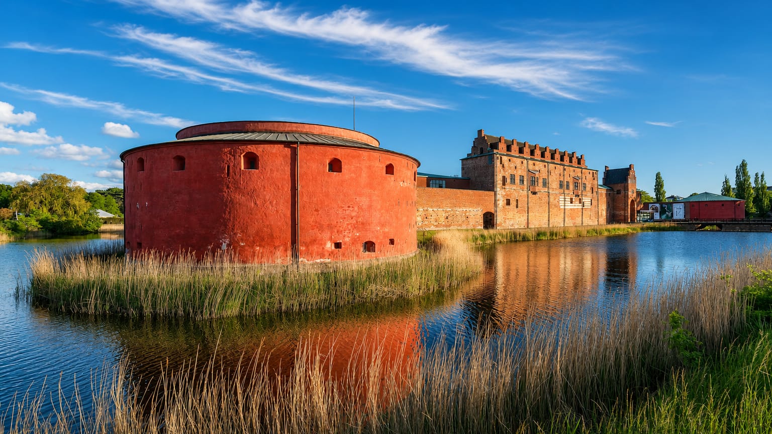 Malmöhus Castle's red round bastion reflected in its moat with reeds, Slottsstaden, Malmö, Sweden
