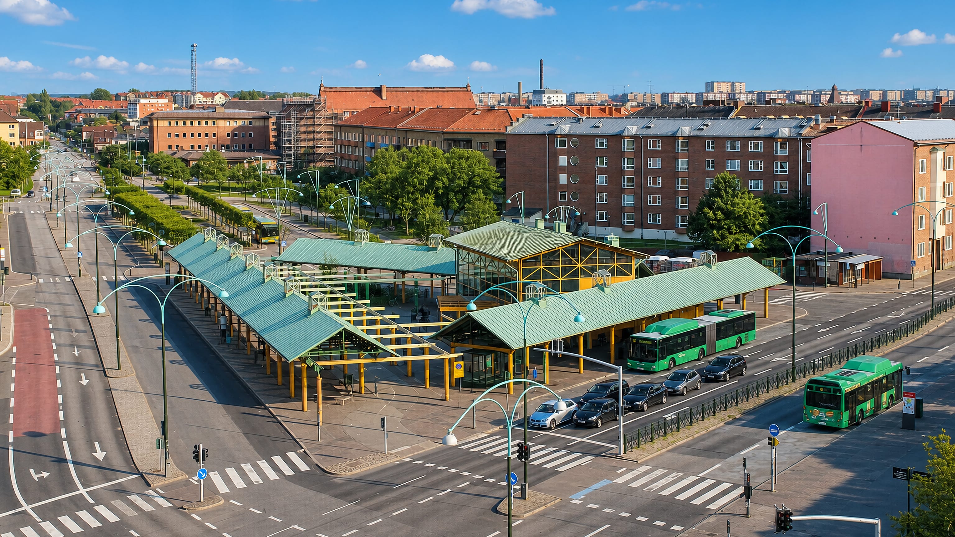 Green canopies and city buses at the Södervärn transport interchange in central Malmö.
