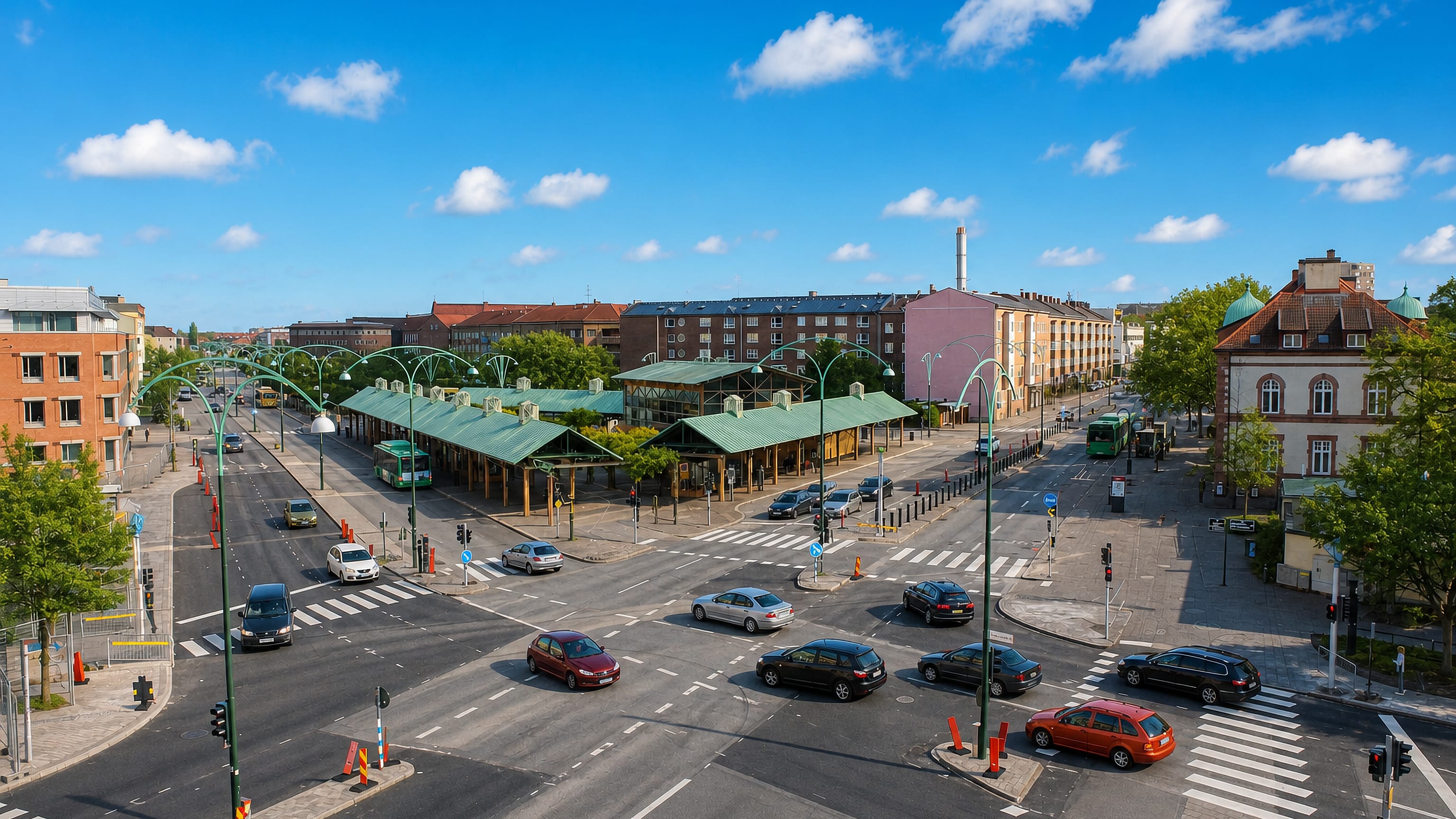 Wide intersection with green arched lampposts and a green-roofed market pavilion in Sodra Innerstaden, Malmo