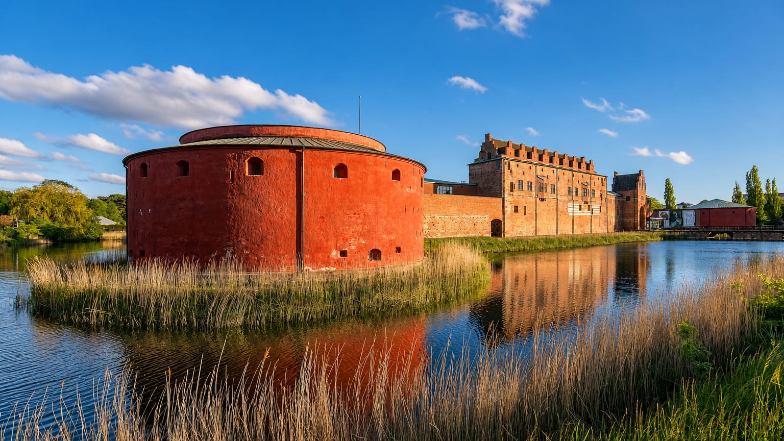 Malmöhus Castle's red round bastion reflected in its moat, Västra Innerstaden, Malmö, Sweden
