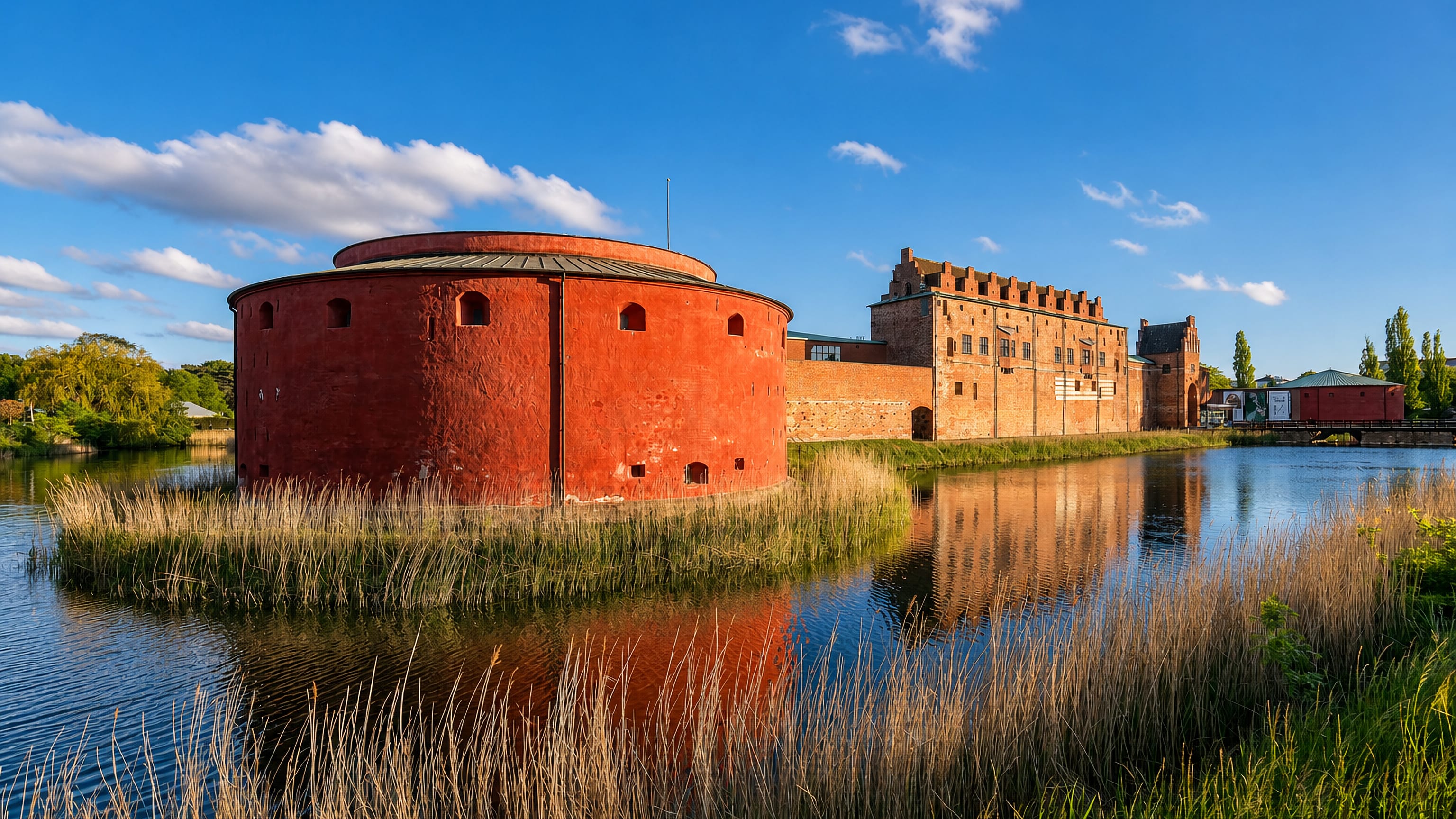 Malmöhus Castle's red round bastion reflected in its moat, Västra Innerstaden, Malmö, Sweden