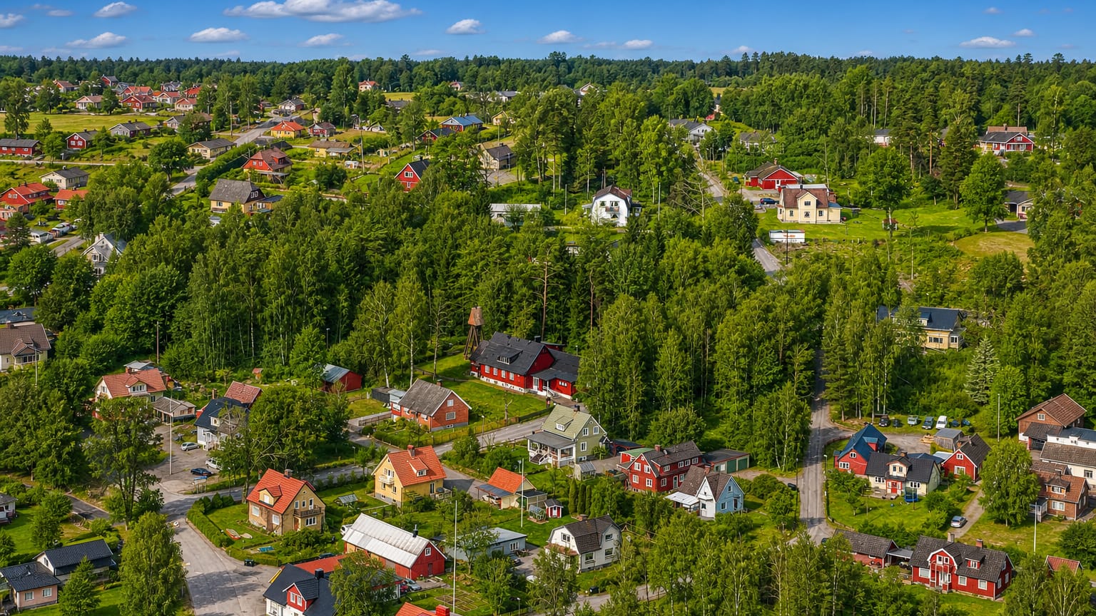 Aerial view over the scattered red and coloured houses of Orkelljunga amid dense green forest, Sweden.