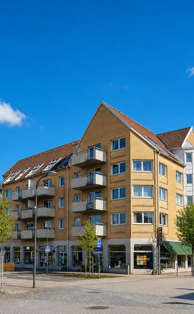 Yellow-brick gabled apartment block on a quiet town-centre corner in Perstorp, Sweden, on a sunny day.